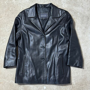 Mondo Pelle Leather Jacket Black Women’s Large Button Closure Pockets Tunic Vtg